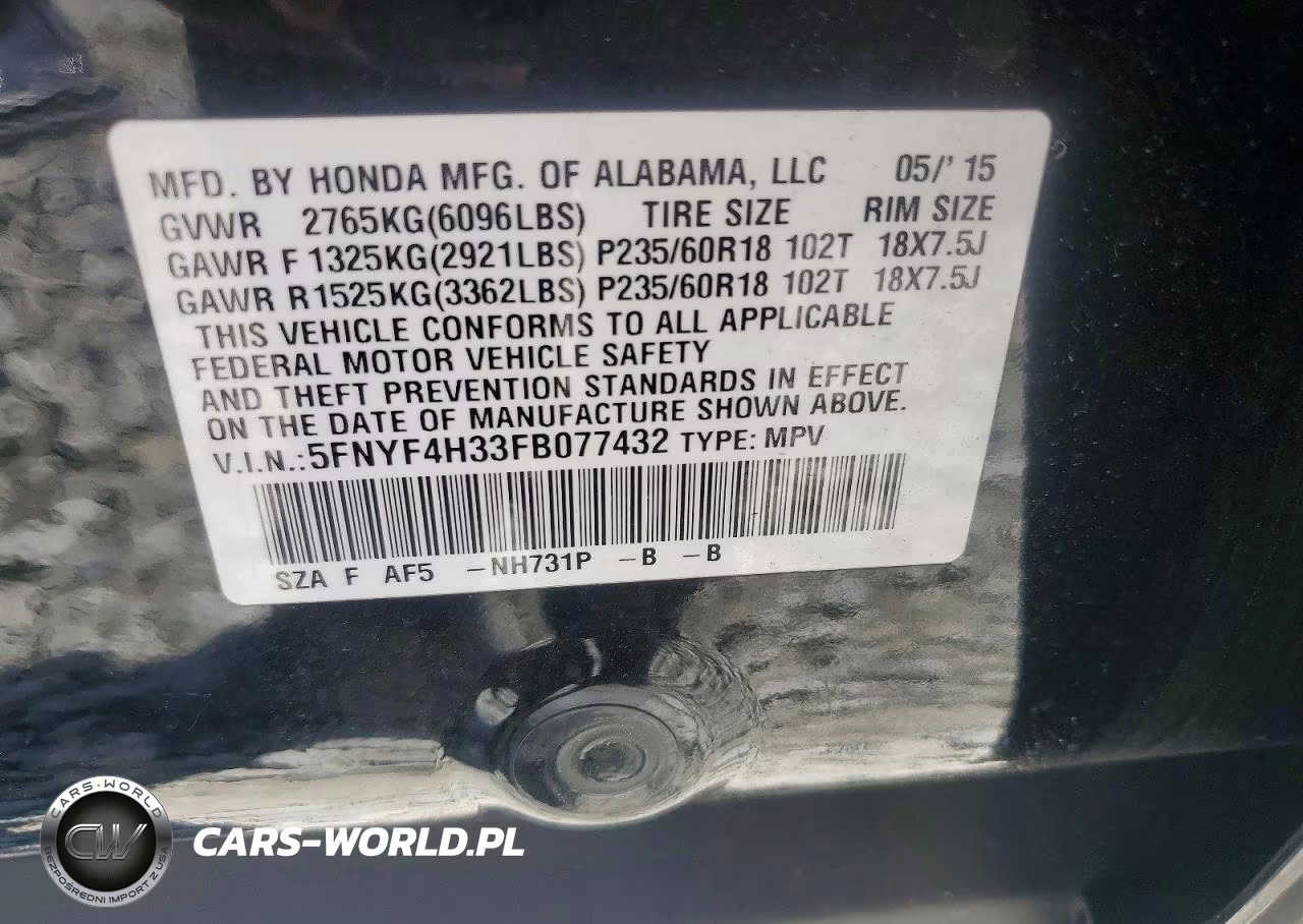 2015 Honda Pilot Se VIN:5FNYF4H33FB077432 - 13