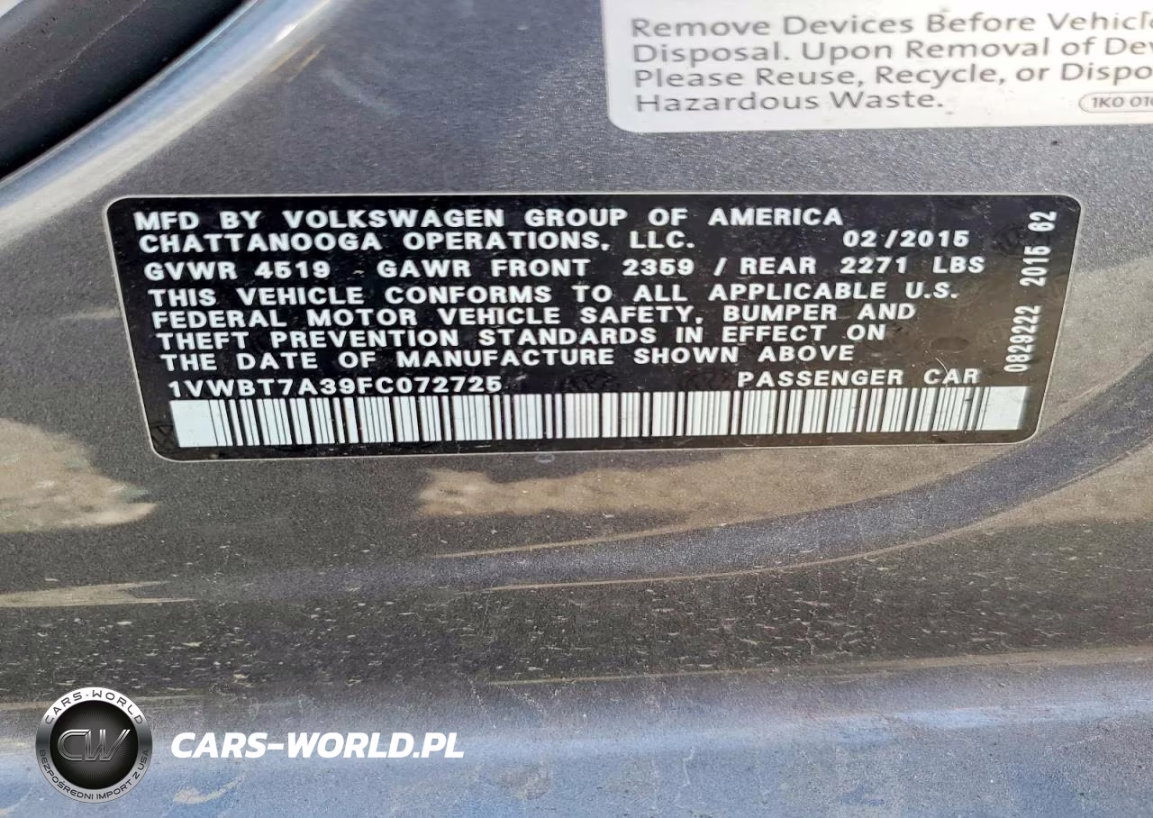 2015 Volkswagen Passat Se VIN:1VWBT7A39FC072725 - 12