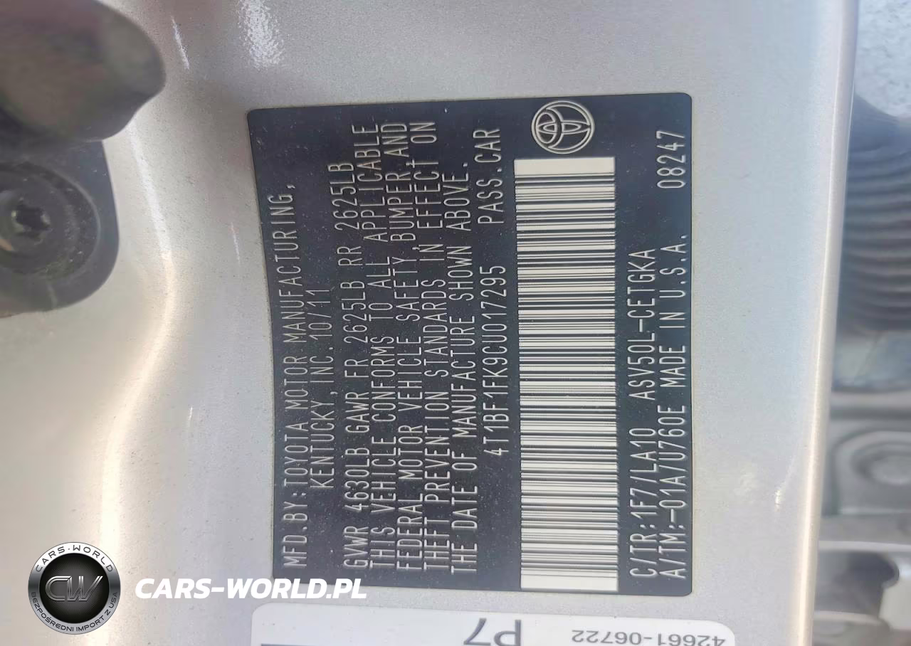 2012 Toyota Camry Xle VIN:4T1BF1FK9CU017295 - 12