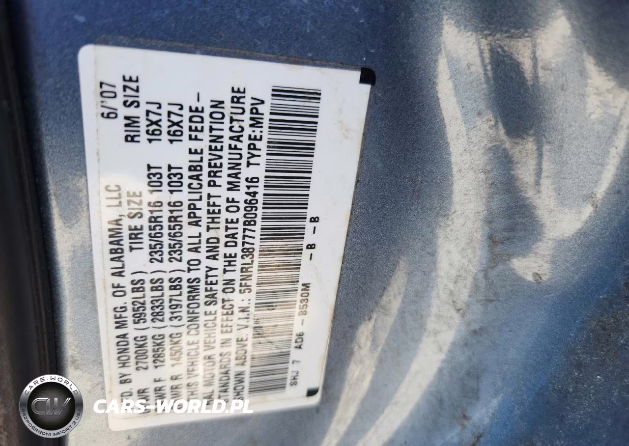 2007 Honda Odyssey Exl VIN:5FNRL38777B096416 - 13