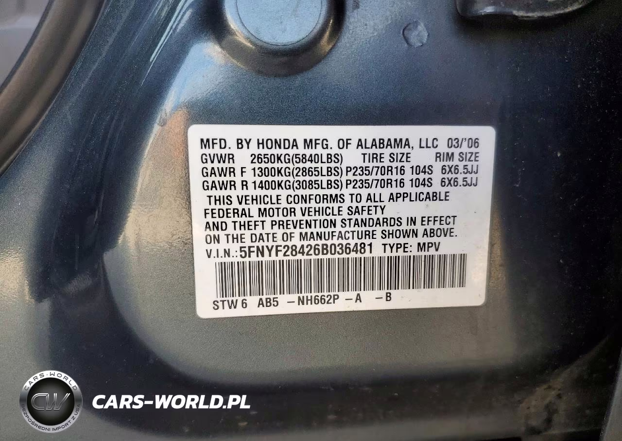 2006 Honda Pilot Ex VIN:5FNYF28426B036481 - 13