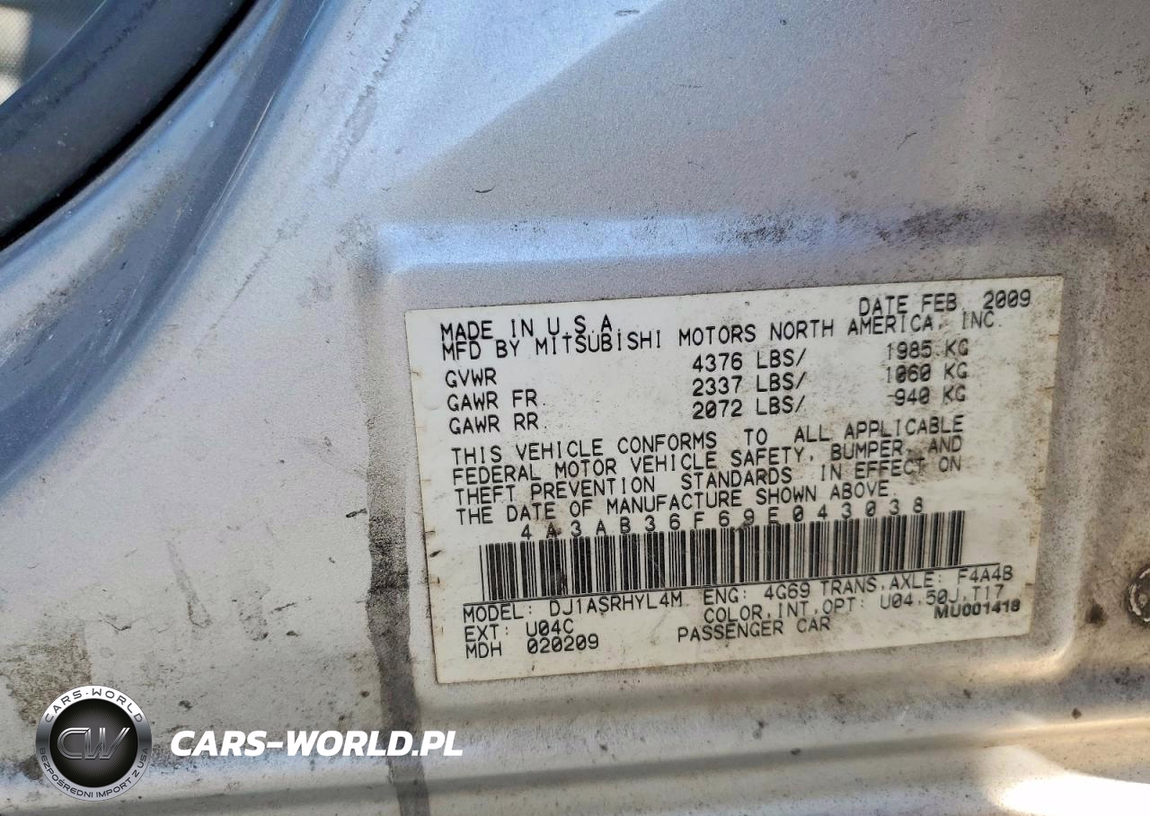 2009 Mitsubishi Galant Es VIN:4A3AB36F69E043038 - 12