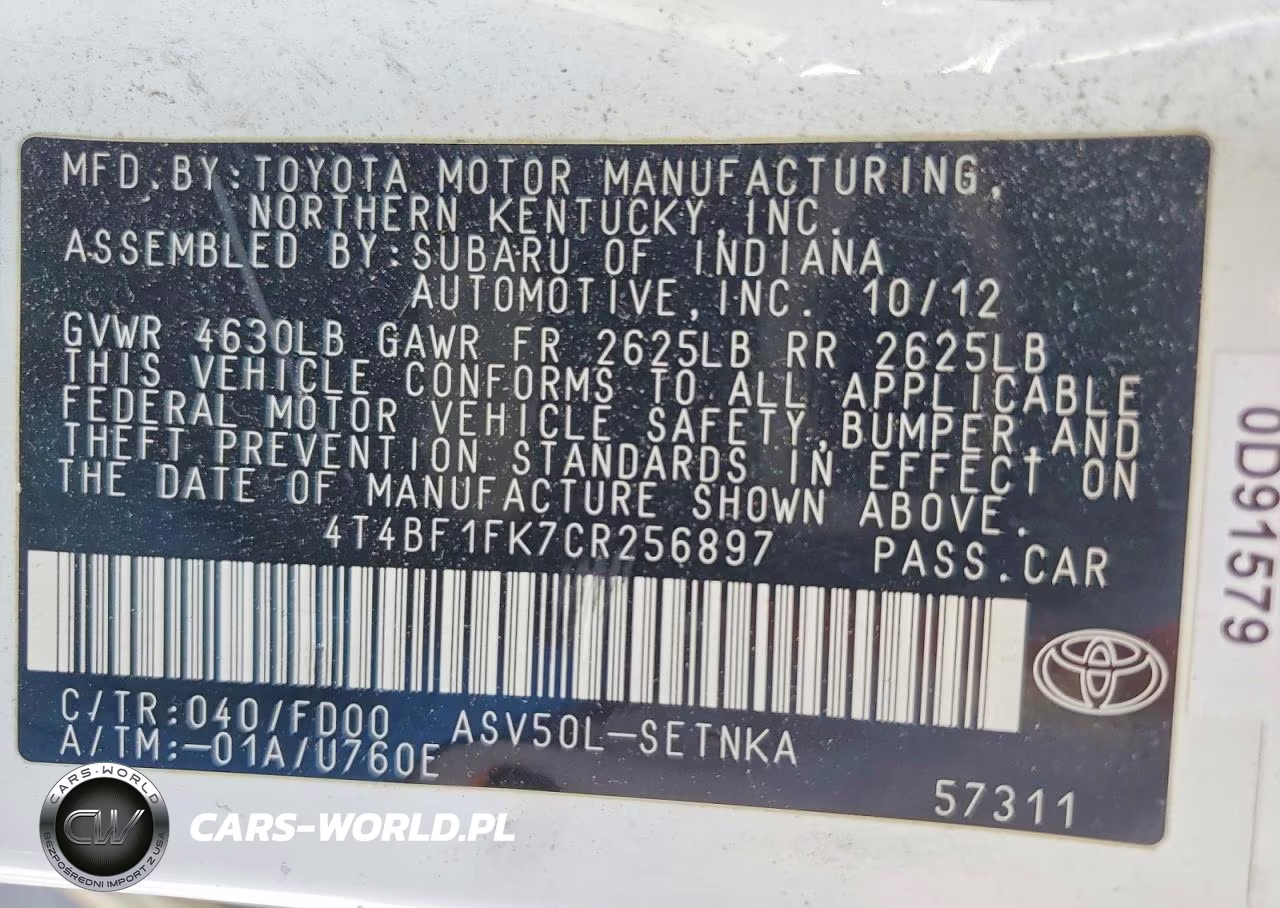 2012 Toyota Camry Base VIN:4T4BF1FK7CR256897 - 12