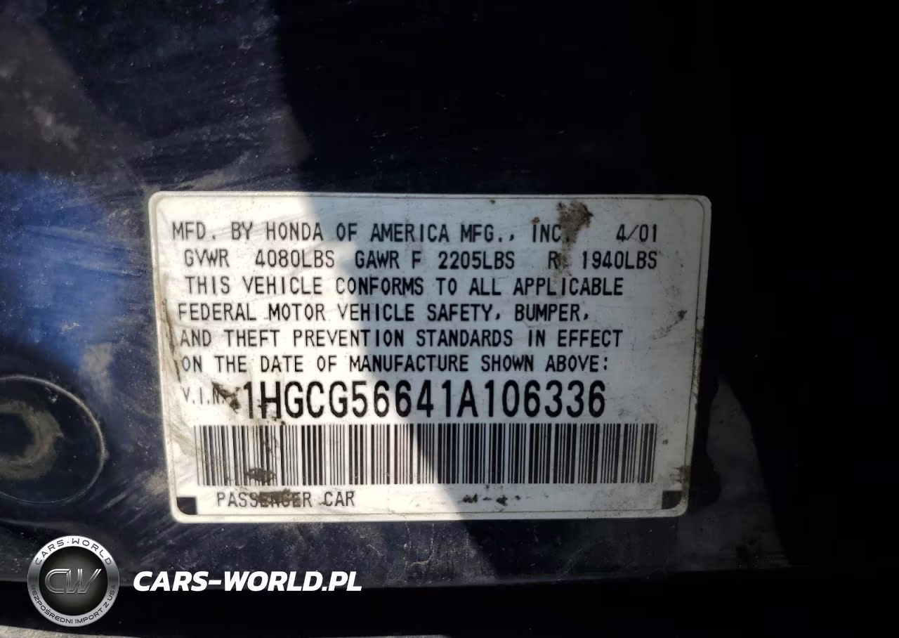 2001 Honda Accord Ex VIN:1HGCG56641A106336 - 12