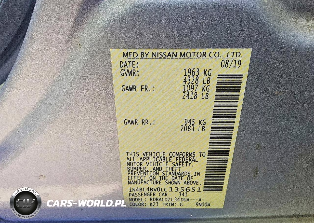 2020 Nissan Altima S VIN:1N4BL4BV0LC135651 - 12