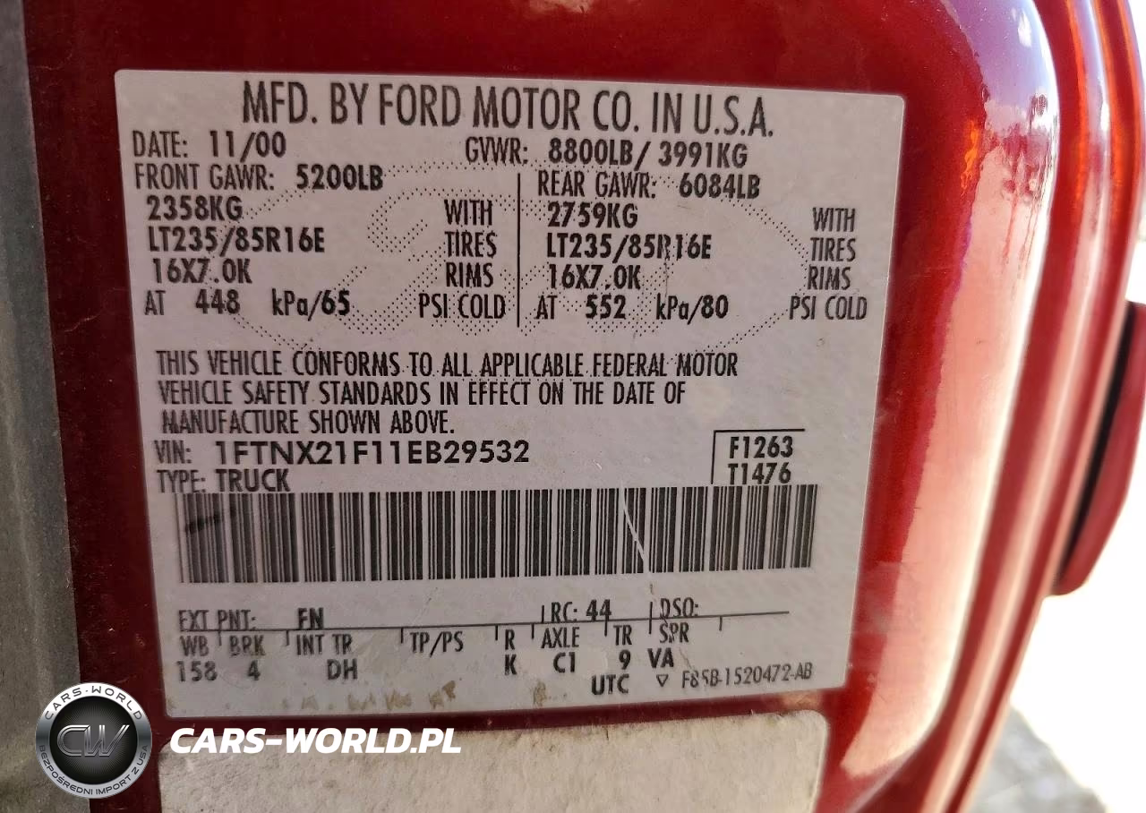 2001 Ford F250 Super Duty VIN:1FTNX21F11EB29532 - 12