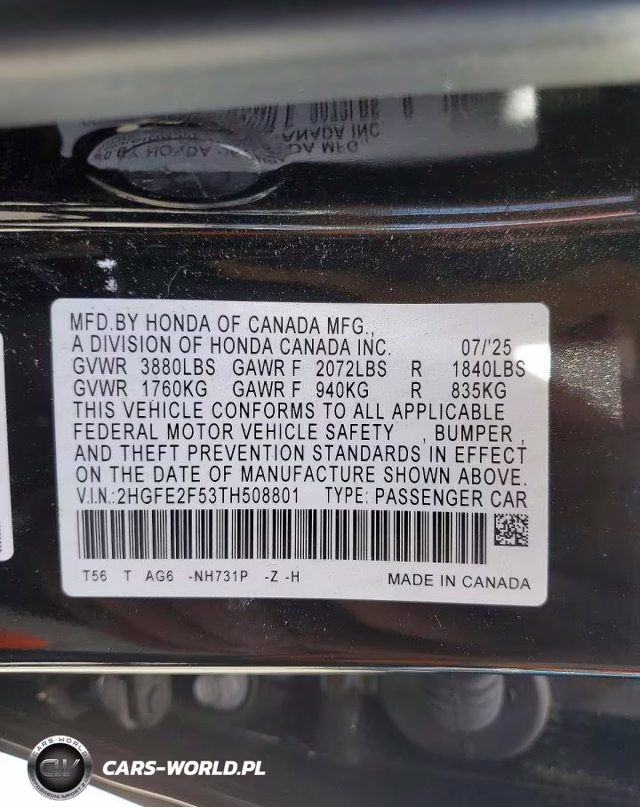 2026 Honda Civic Sport VIN:2HGFE2F53TH508801 - 12