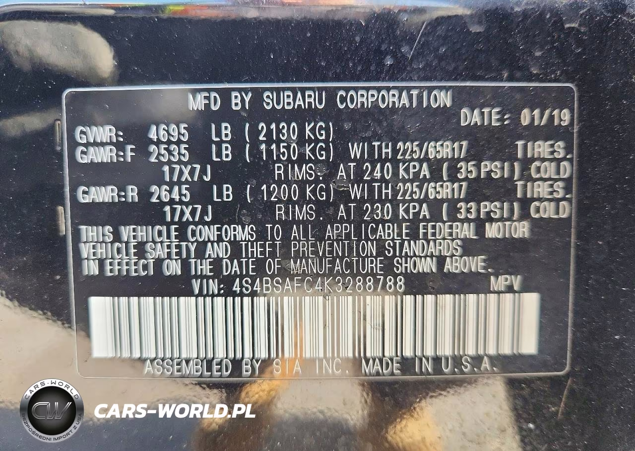 2019 Subaru Outback 2.5I Premium VIN:4S4BSAFC4K3288788 - 10