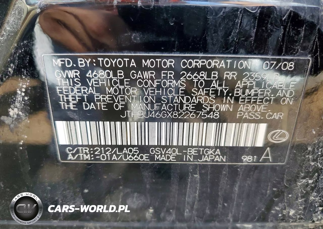 2008 Lexus Es 350 VIN:JTHBJ46GX82267548 - 12