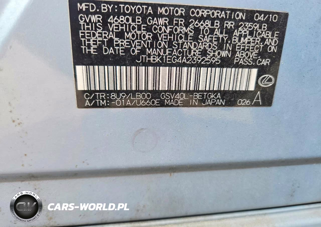 2010 Lexus Es 350 VIN:JTHBK1EG4A2392595 - 12