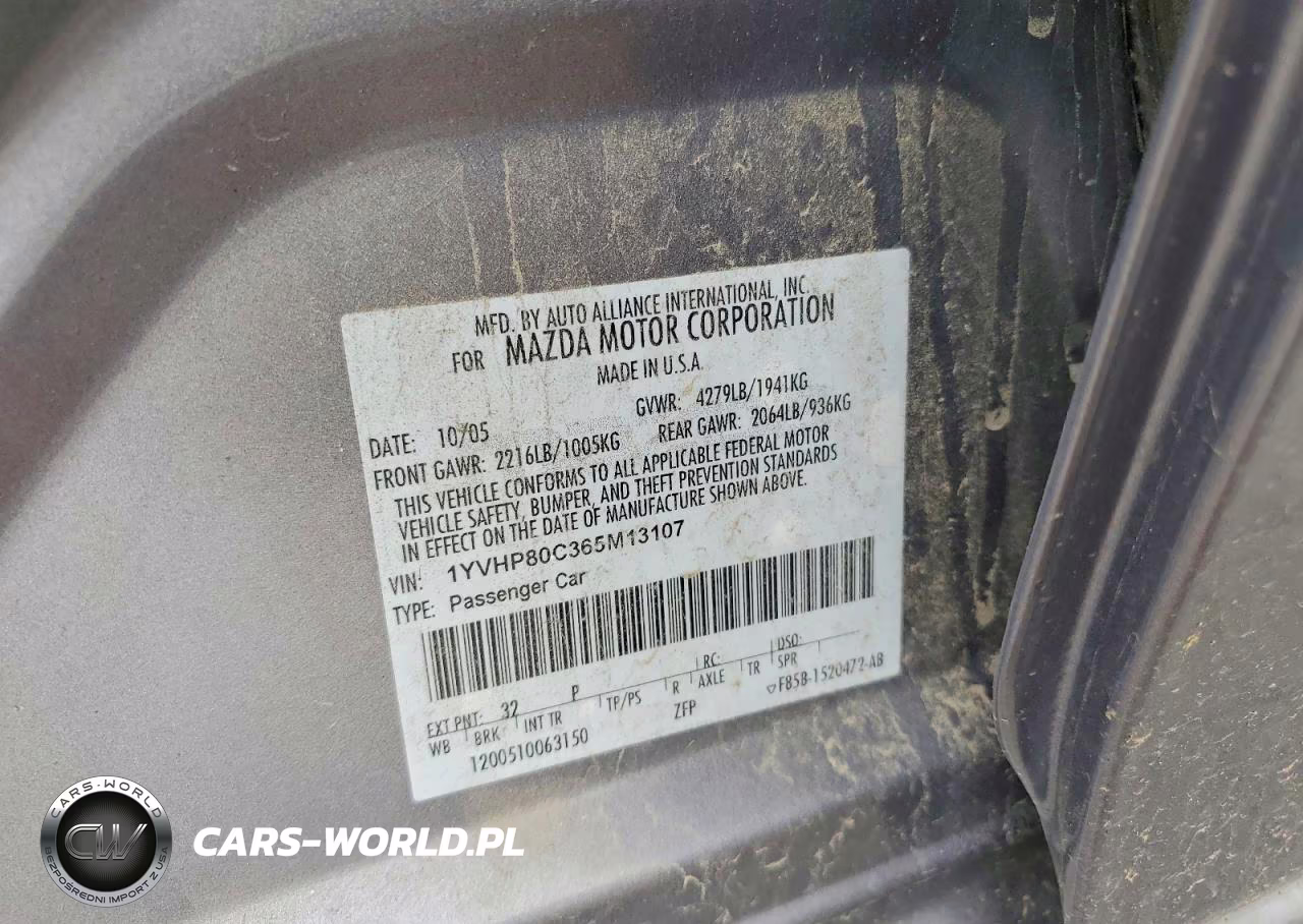 2006 Mazda 6 I VIN:1YVHP80C365M13107 - 13