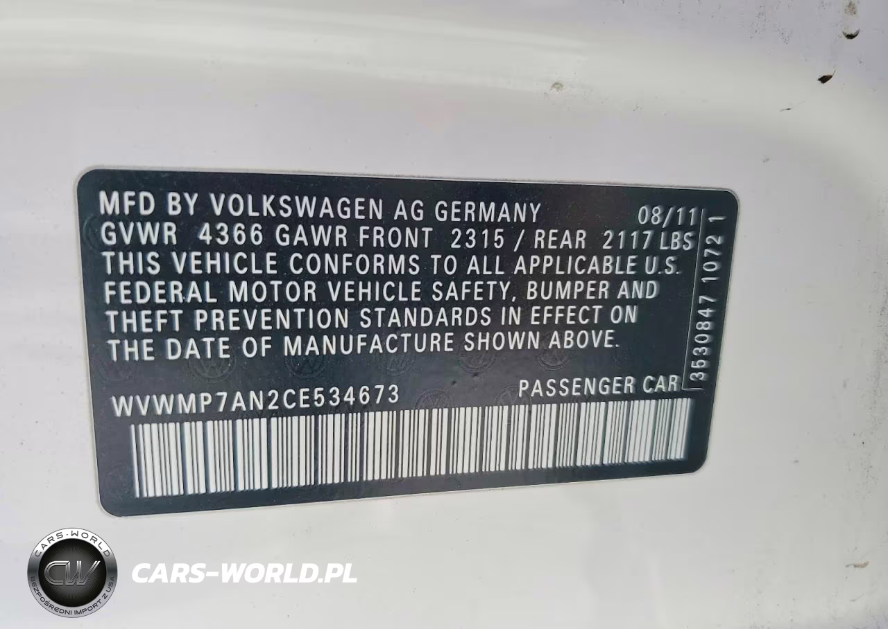 2012 Volkswagen Cc Sport VIN:WVWMP7AN2CE534673 - 12