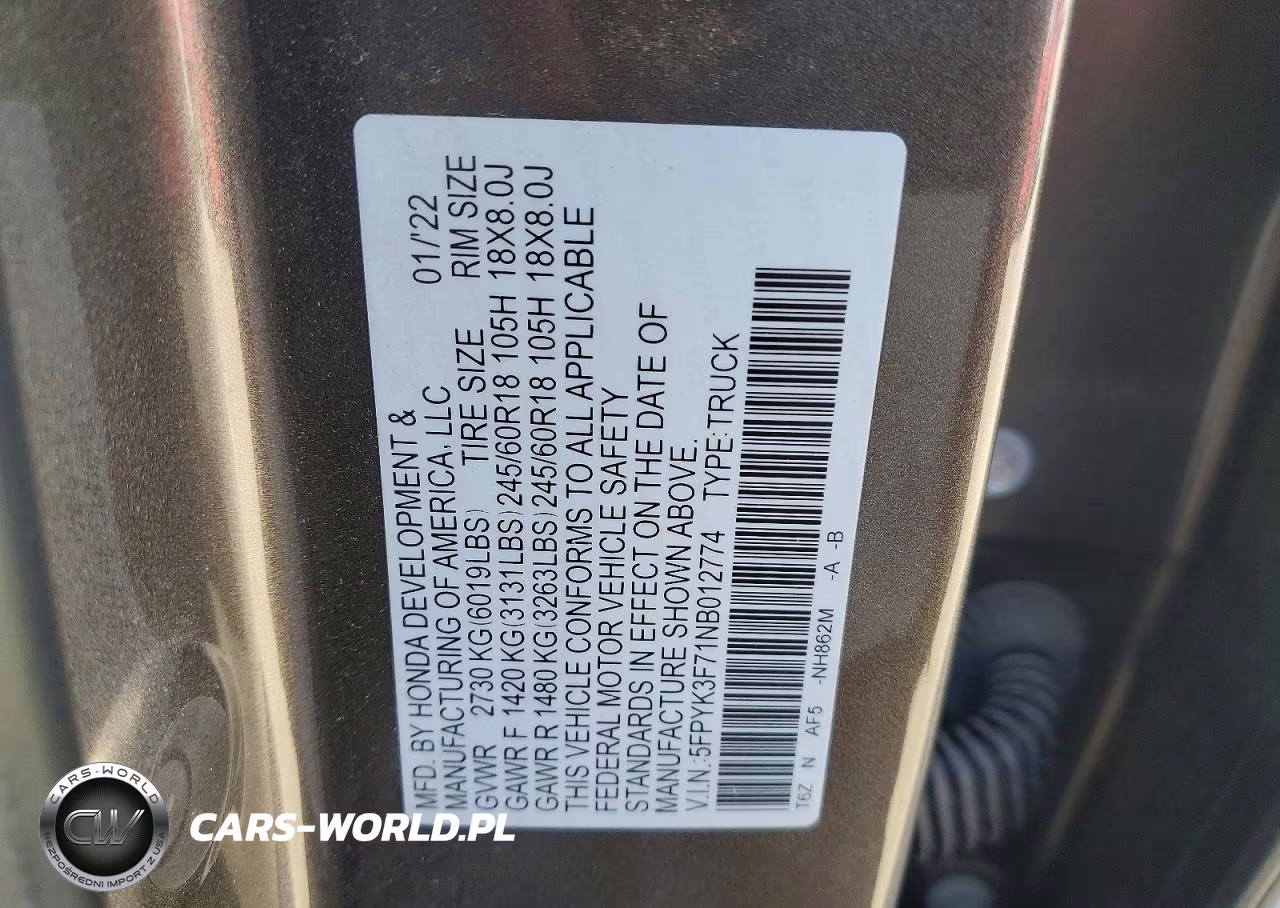 2022 Honda Ridgeline Rtl VIN:5FPYK3F71NB012774 - 12