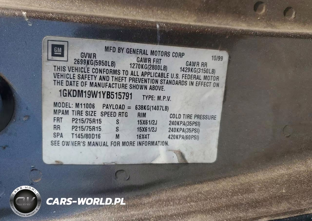 2000 GMC Safari Xt VIN:1GKDM19W1YB515791 - 13