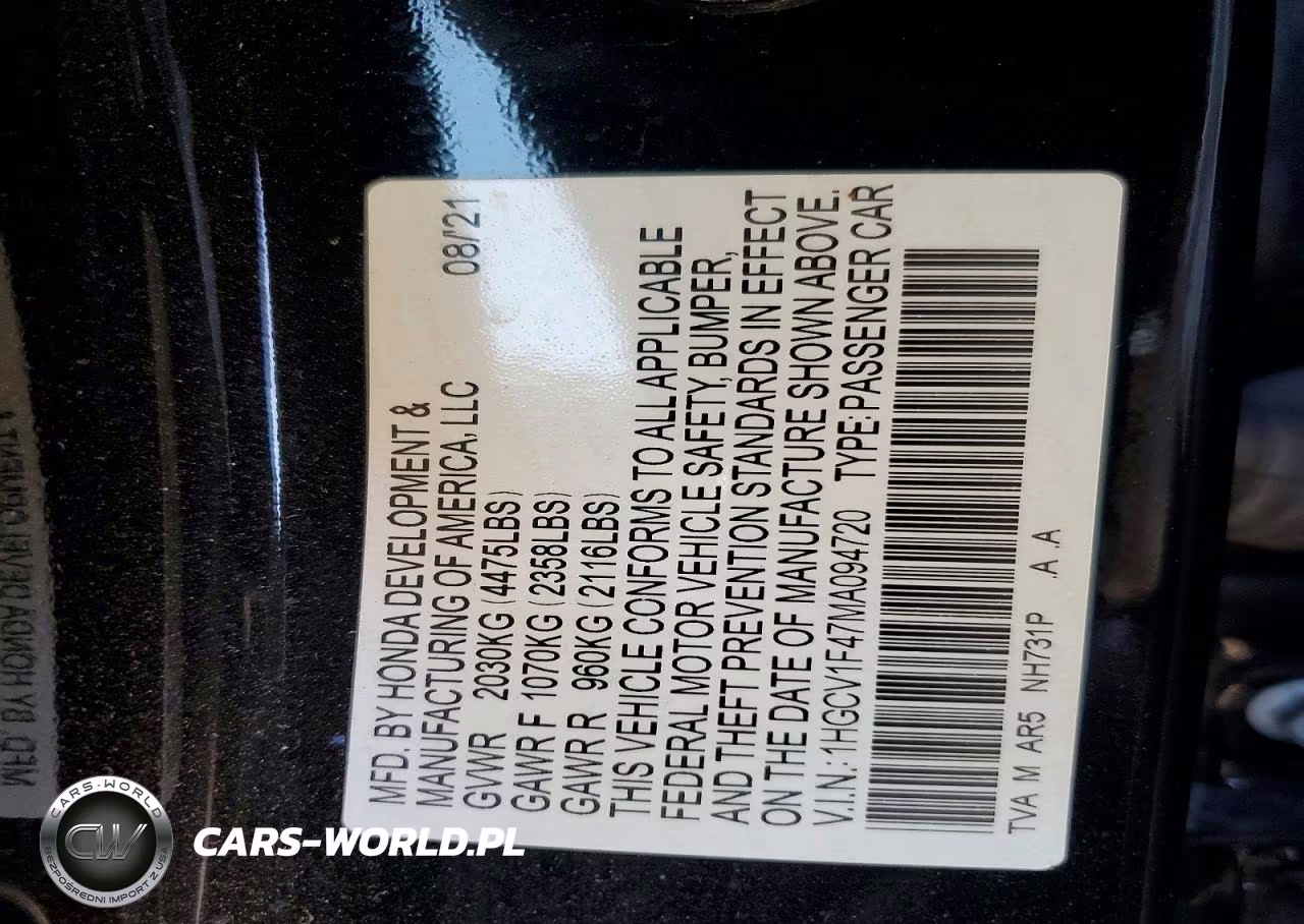 2021 Honda Accord Sport Se VIN:1HGCV1F47MA094720 - 12