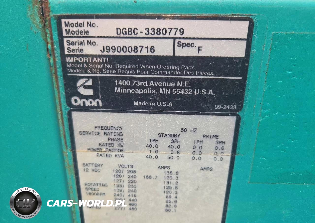 1999 Onan Genset - Generator VIN:5KCJ1222 - 9