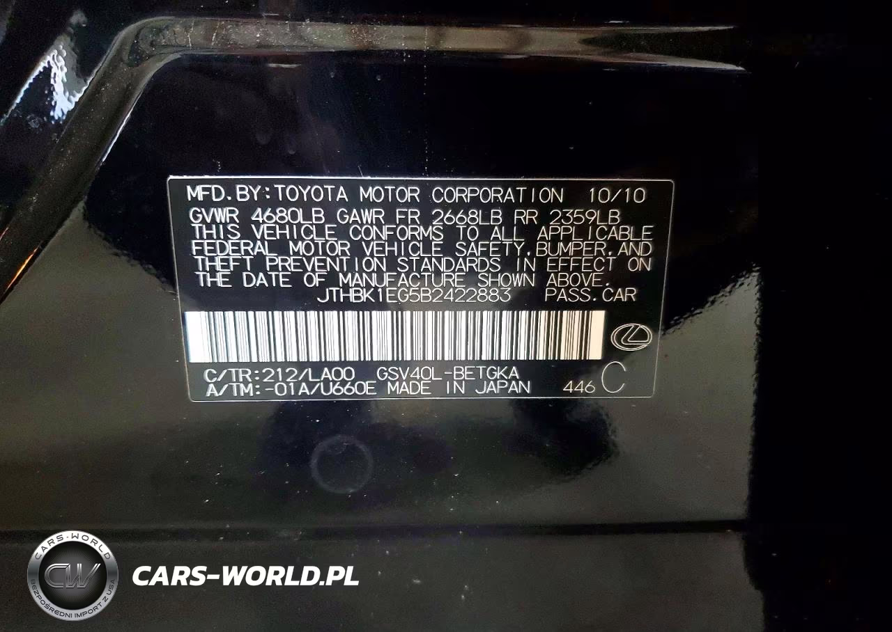 2011 Lexus Es 350 VIN:JTHBK1EG5B2422883 - 12