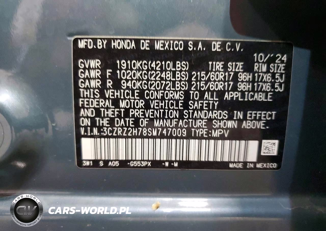 2025 Honda Hr-V Exl VIN:3CZRZ2H78SM747009 - 12