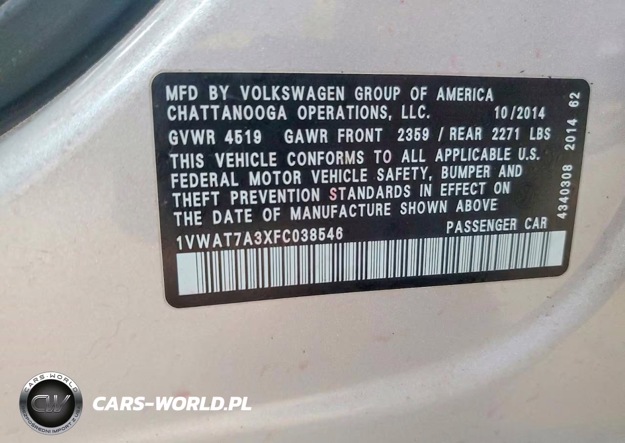 2015 Volkswagen Passat S VIN:1VWAT7A3XFC038546 - 12