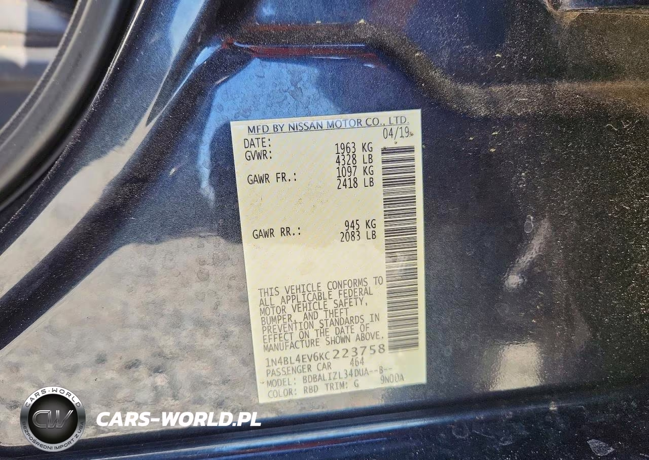 2019 Nissan Altima Sl VIN:1N4BL4EV6KC223758 - 12