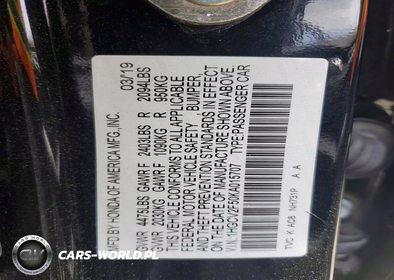 2019 Honda Accord Exl VIN:1HGCV2F50KA015707 - 12