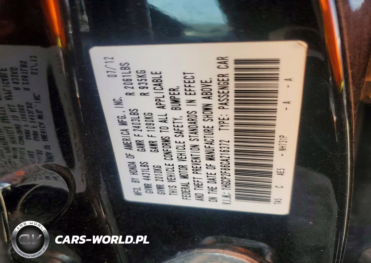 2012 Honda Accord Exl VIN:1HGCP2F86CA216372 - 12