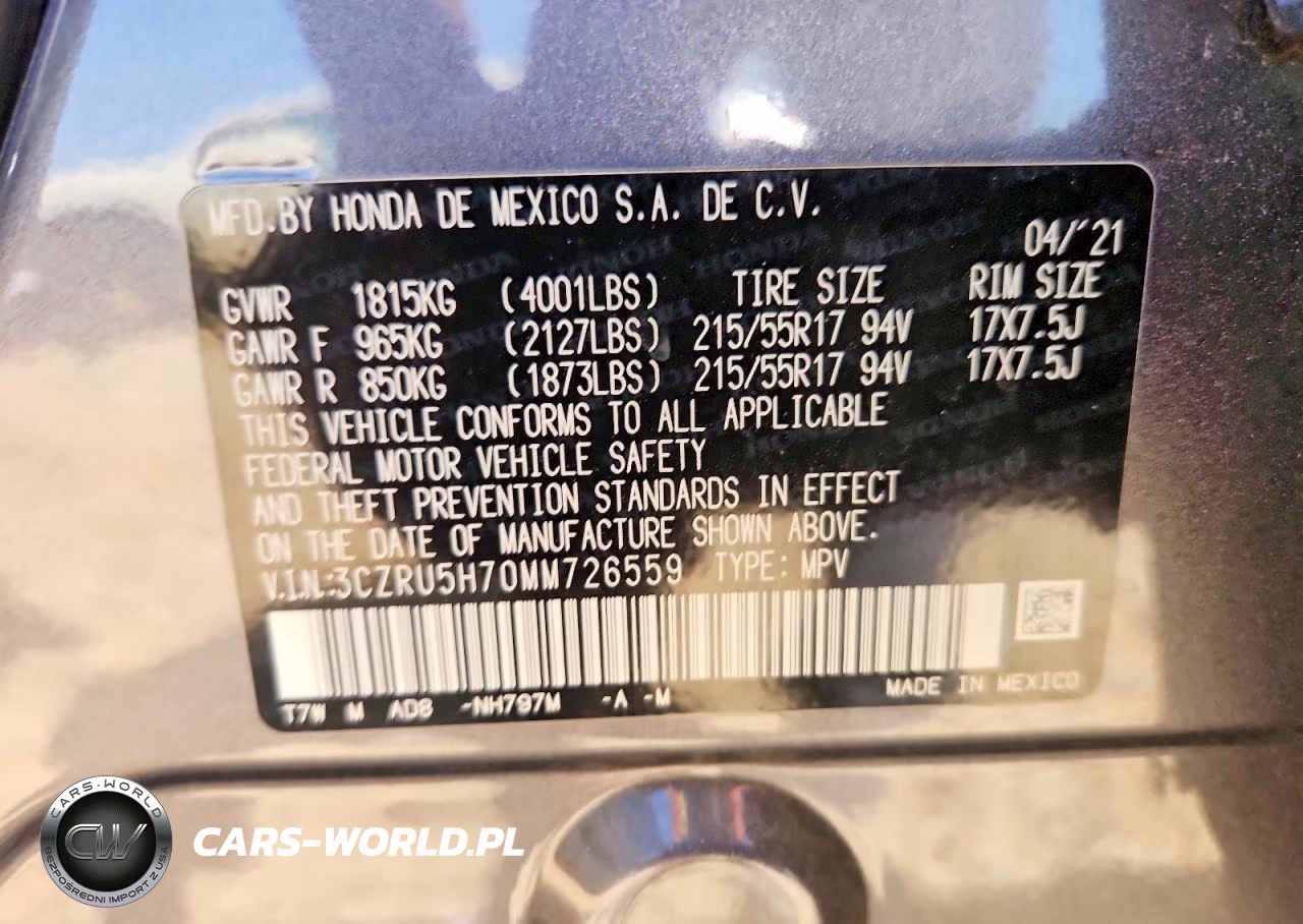 2021 Honda Hr-V Exl VIN:3CZRU5H70MM726559 - 13