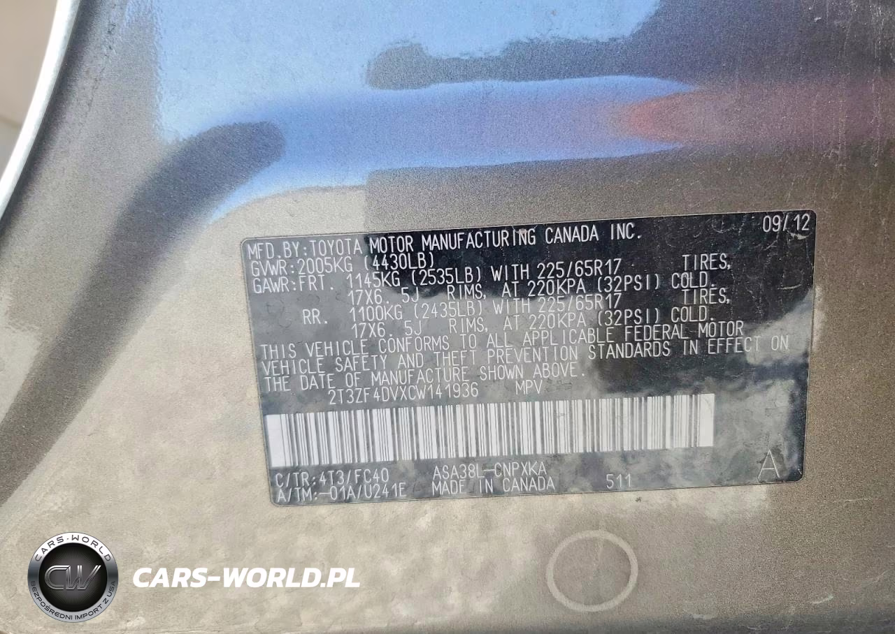 2012 Toyota Rav4 Base VIN:2T3ZF4DVXCW141936 - 14