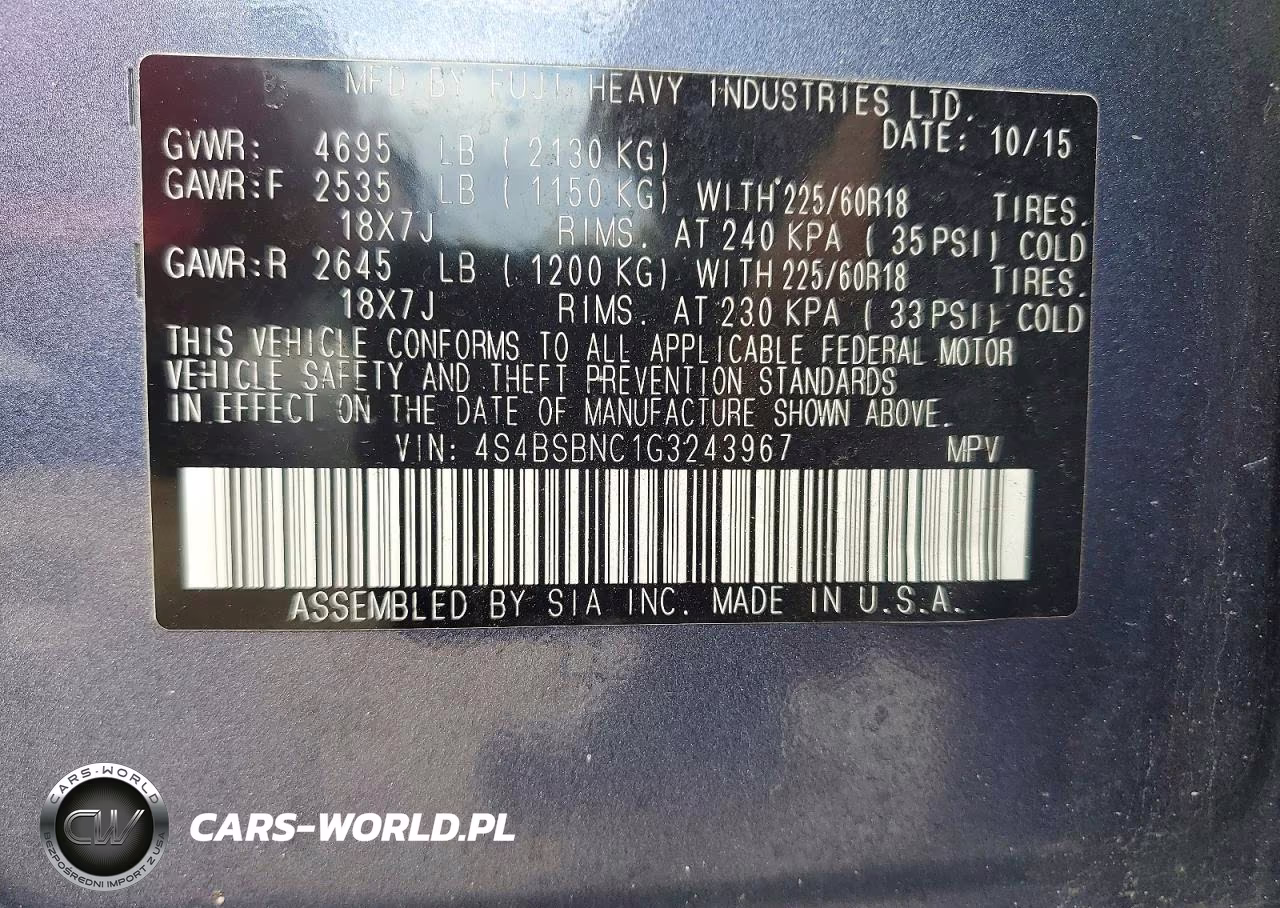 2016 Subaru Outback 2.5I Limited VIN:4S4BSBNC1G3243967 - 13