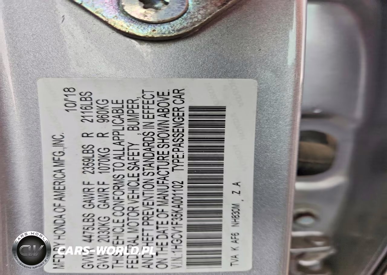 2019 Honda Accord Sport VIN:1HGCV1F35KA001102 - 14