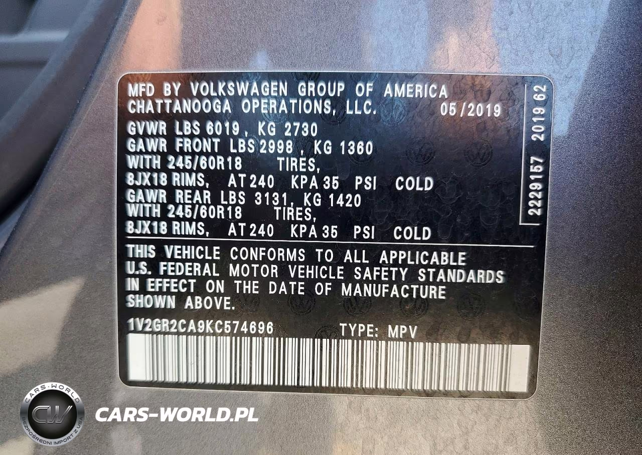 2019 Volkswagen Atlas S VIN:1V2GR2CA9KC574696 - 14