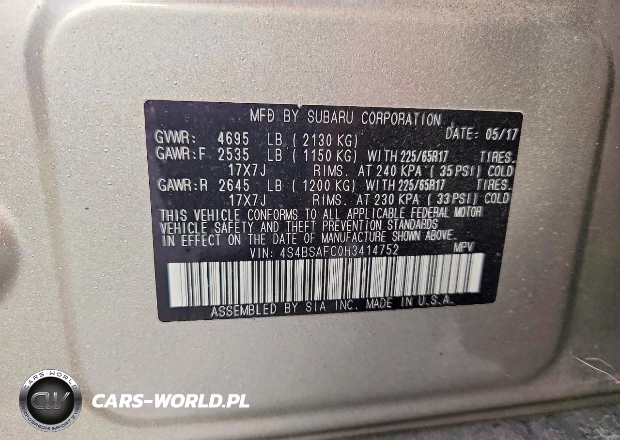 2017 Subaru Outback 2.5I Premium VIN:4S4BSAFC0H3414752 - 13