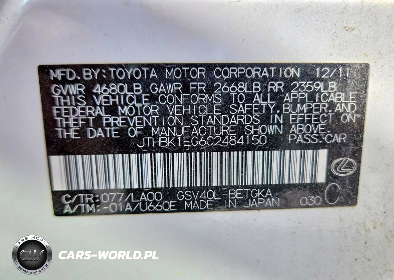 2012 Lexus Es 350 VIN:JTHBK1EG6C2484150 - 12