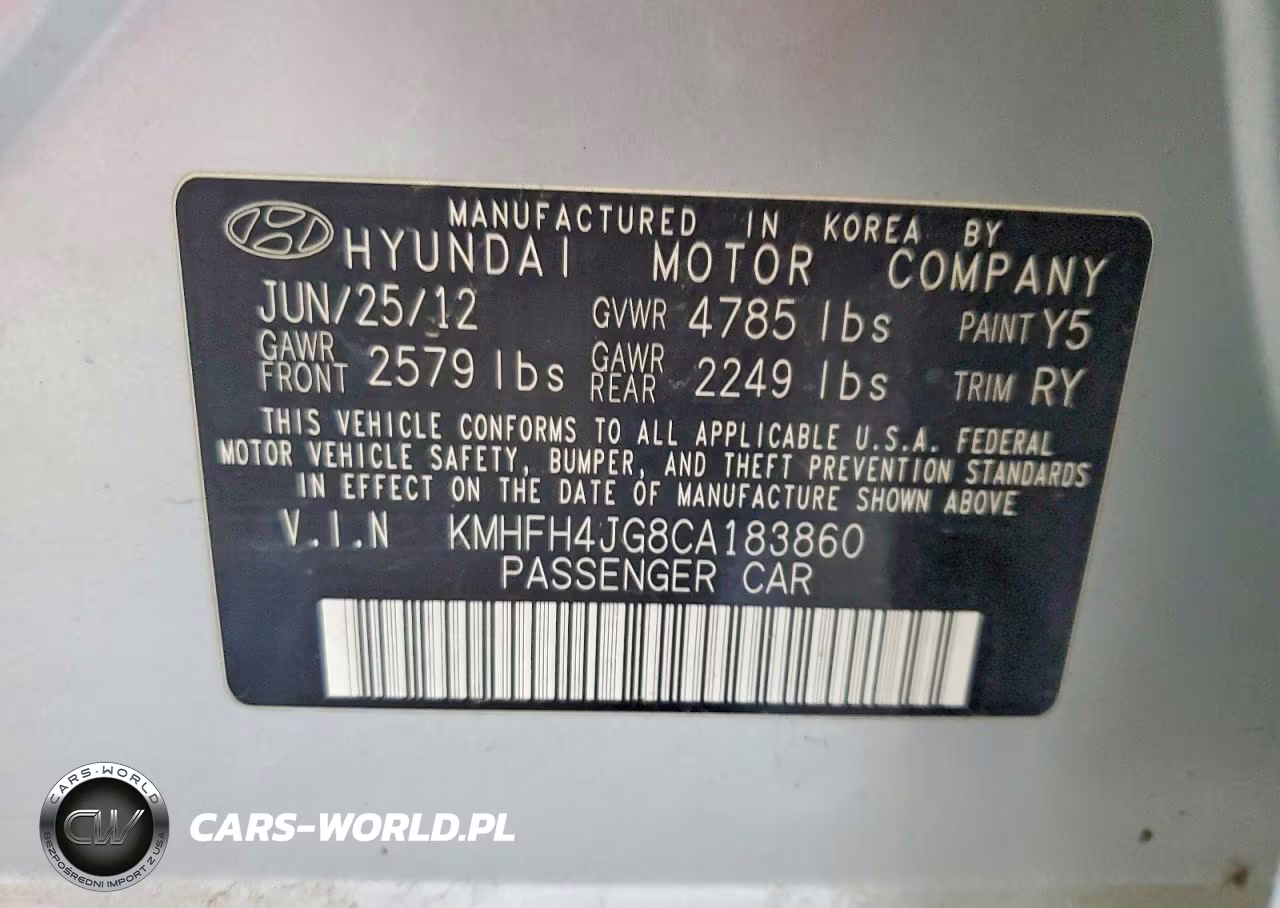 2012 Hyundai Azera Base VIN:KMHFH4JG8CA183860 - 12