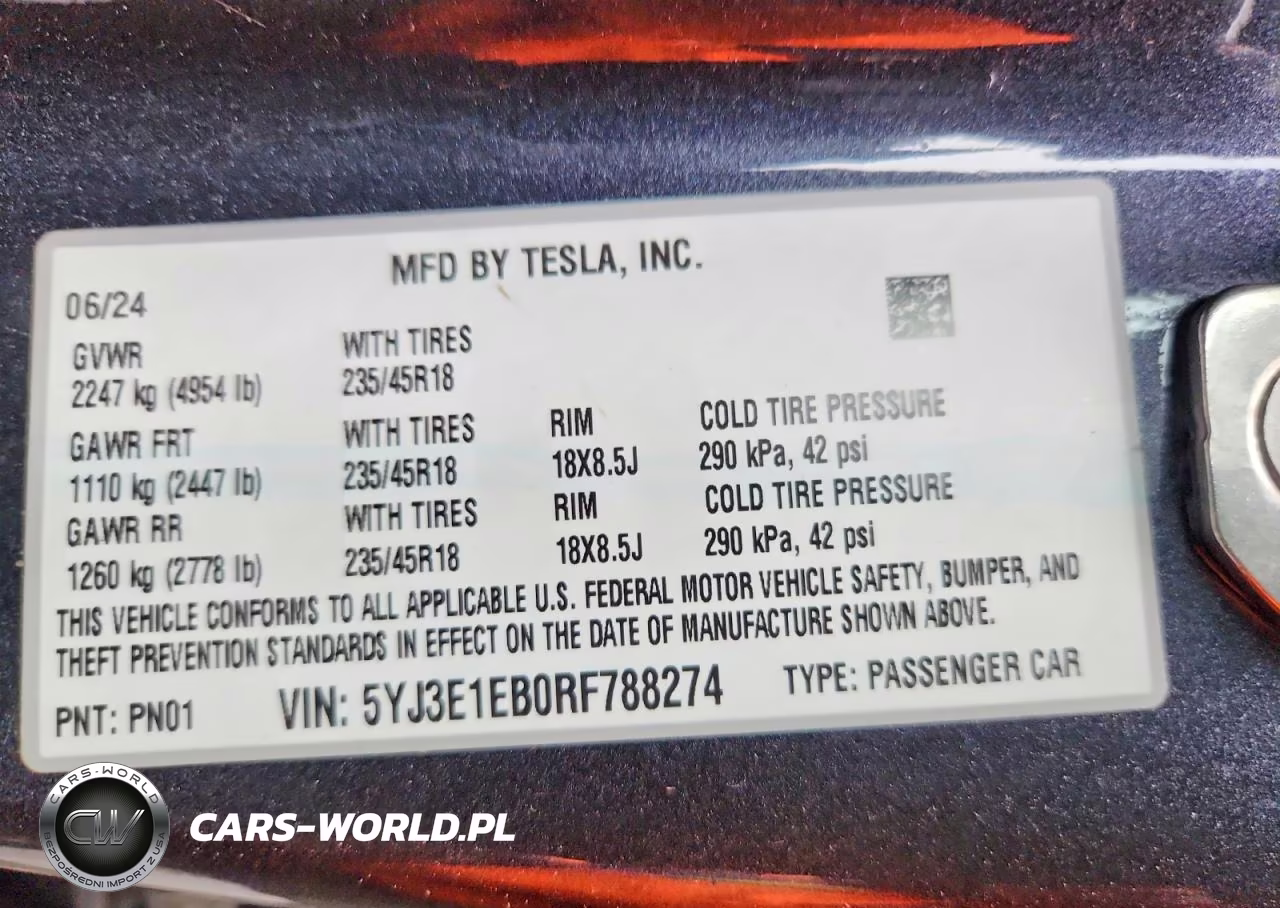 2024 Tesla Model 3 VIN:5YJ3E1EB0RF788274 - 13