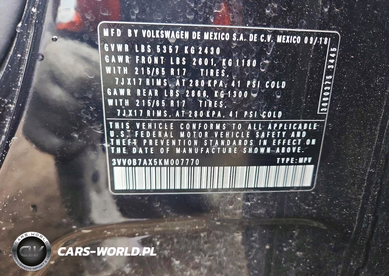 2019 Volkswagen Tiguan S VIN:3VV0B7AX5KM007770 - 13