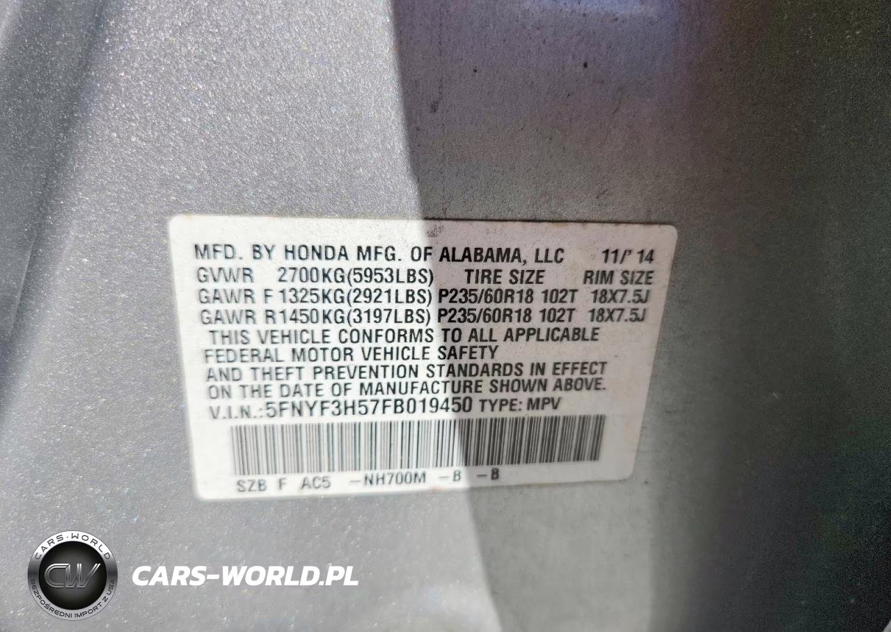 2015 Honda Pilot Exl VIN:5FNYF3H57FB019450 - 13