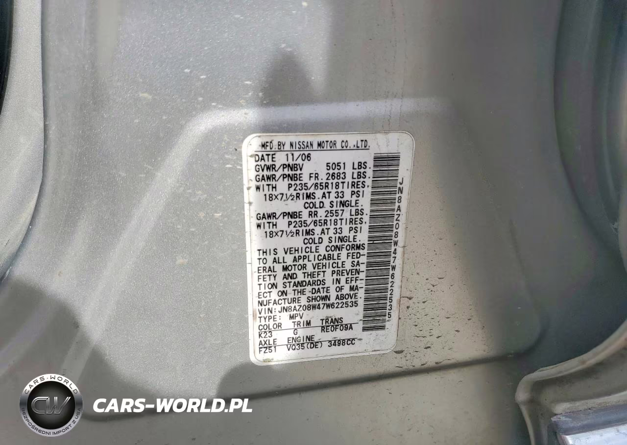 2007 Nissan Murano VIN:JN8AZ08W47W622535 - 13