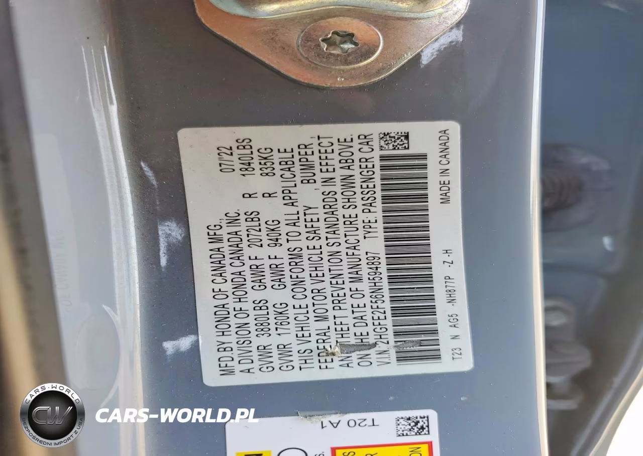 2022 Honda Civic Sport VIN:2HGFE2F56NH594897 - 12