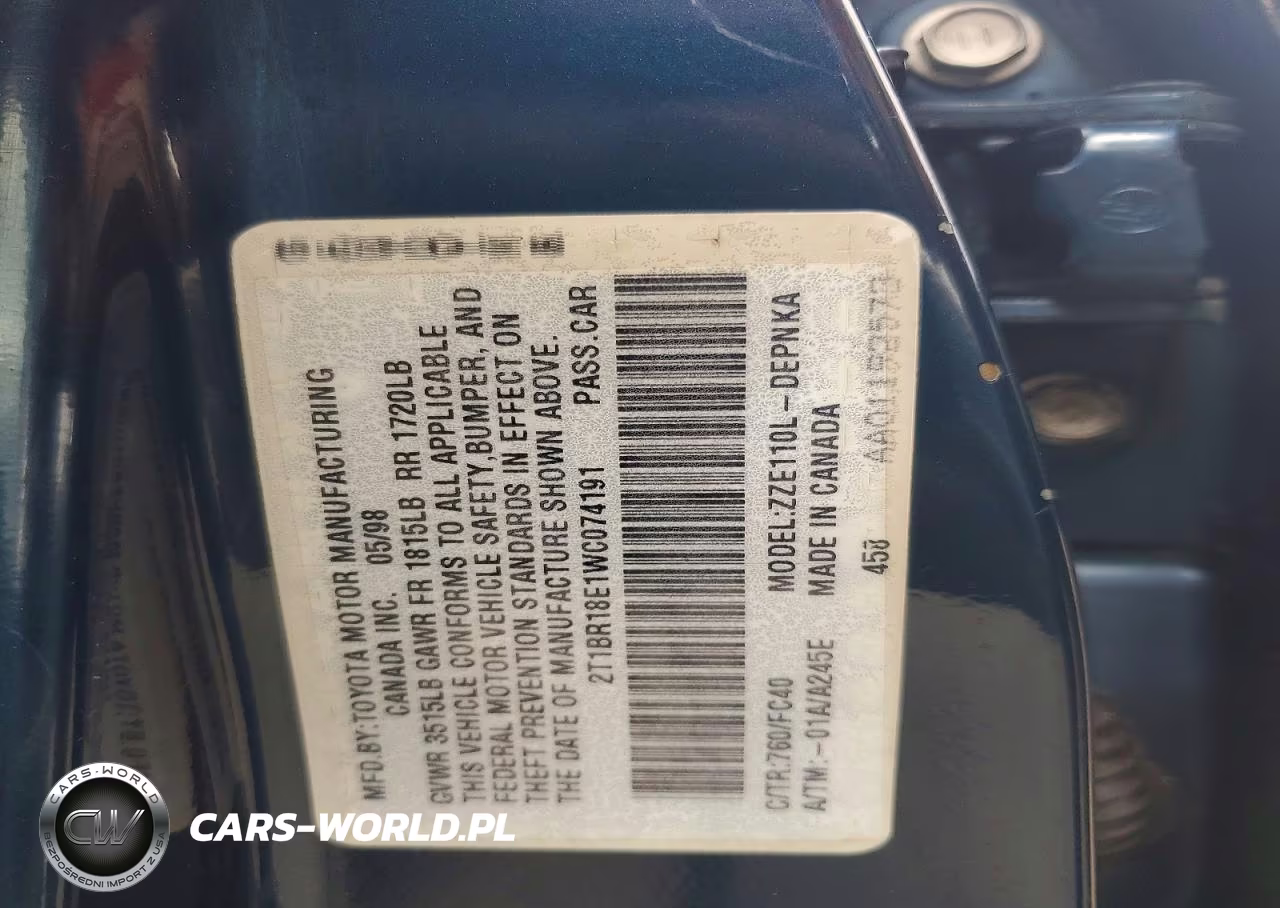 1998 Toyota Corolla Ve VIN:2T1BR18E1WC074191 - 12