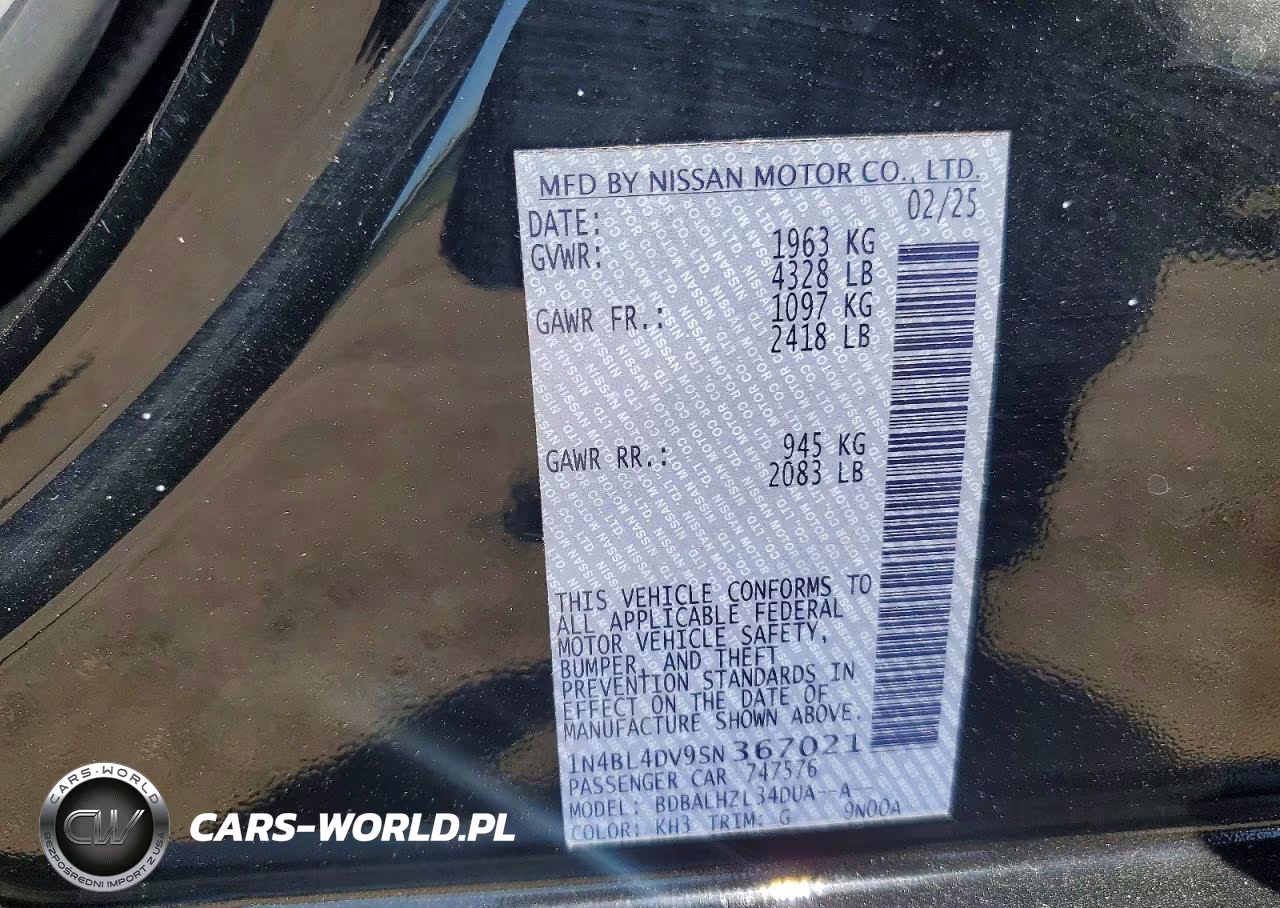 2025 Nissan Altima Sv VIN:1N4BL4DV9SN367021 - 12