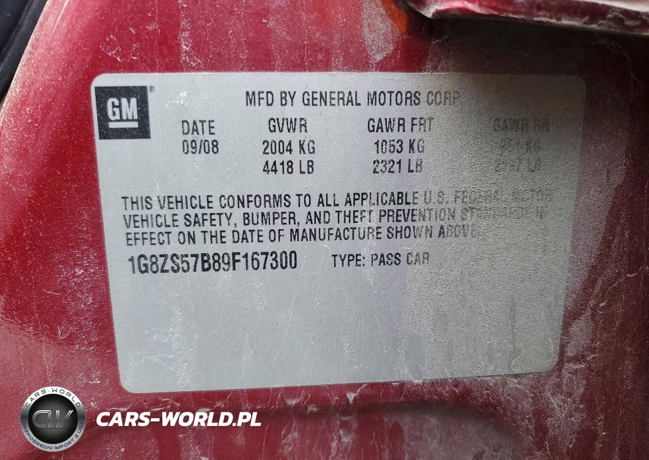 2009 Saturn Aura Xe VIN:1G8ZS57B89F167300 - 12