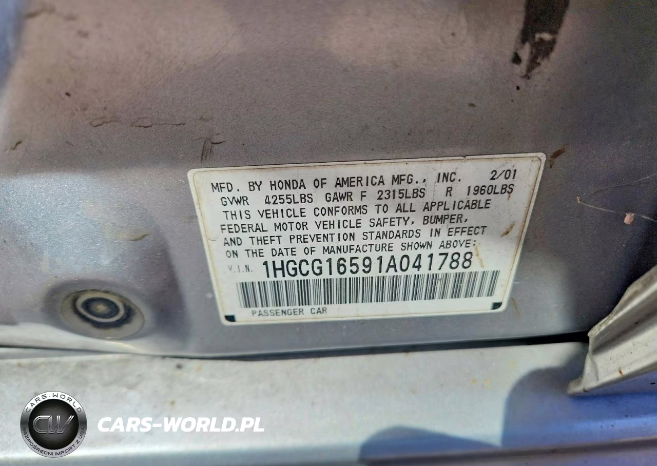 2001 Honda Accord Ex VIN:1HGCG16591A041788 - 13