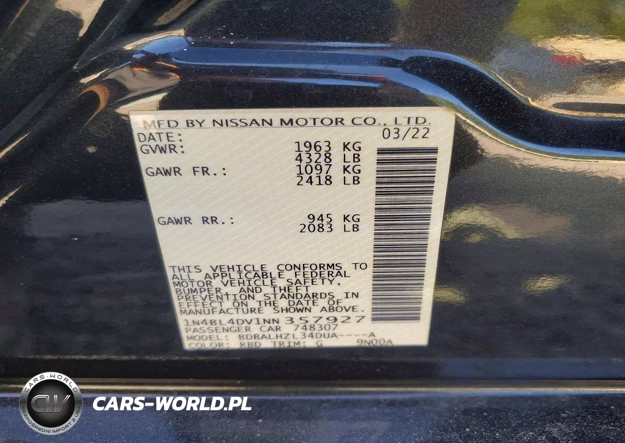 2022 Nissan Altima Sv VIN:1N4BL4DV1NN357927 - 13
