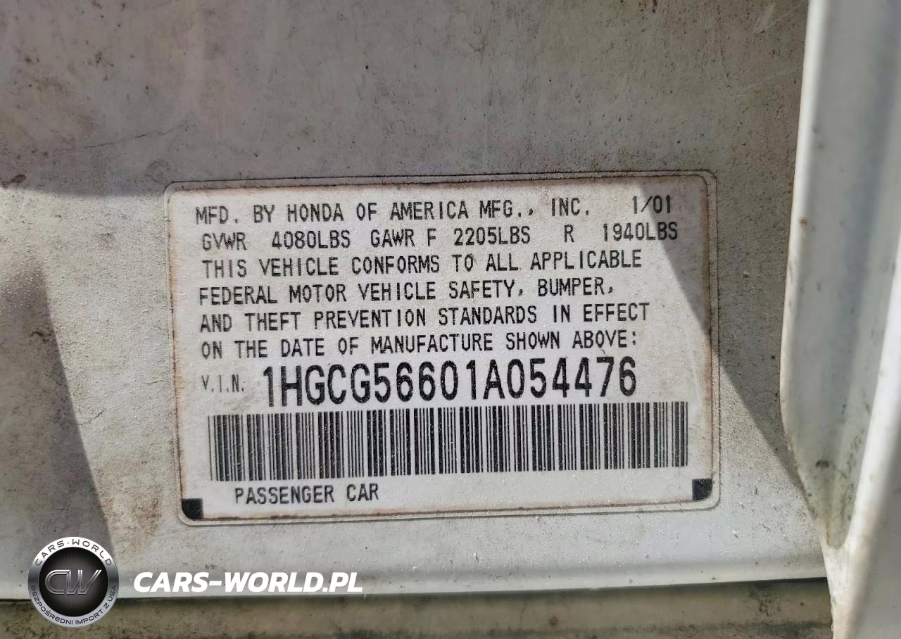 2001 Honda Accord Ex VIN:1HGCG56601A054476 - 12