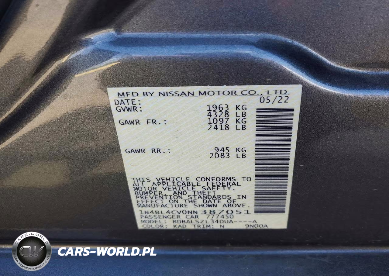 2022 Nissan Altima Sr VIN:1N4BL4CV0NN387051 - 12