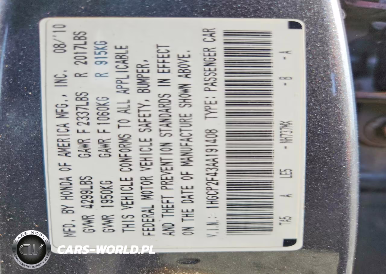 2010 Honda Accord Lxp VIN:1HGCP2F43AA191408 - 12