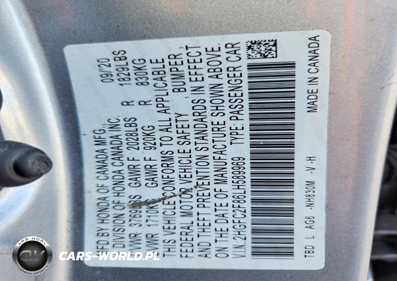 2020 Honda Civic Sport VIN:2HGFC2F86LH589969 - 12