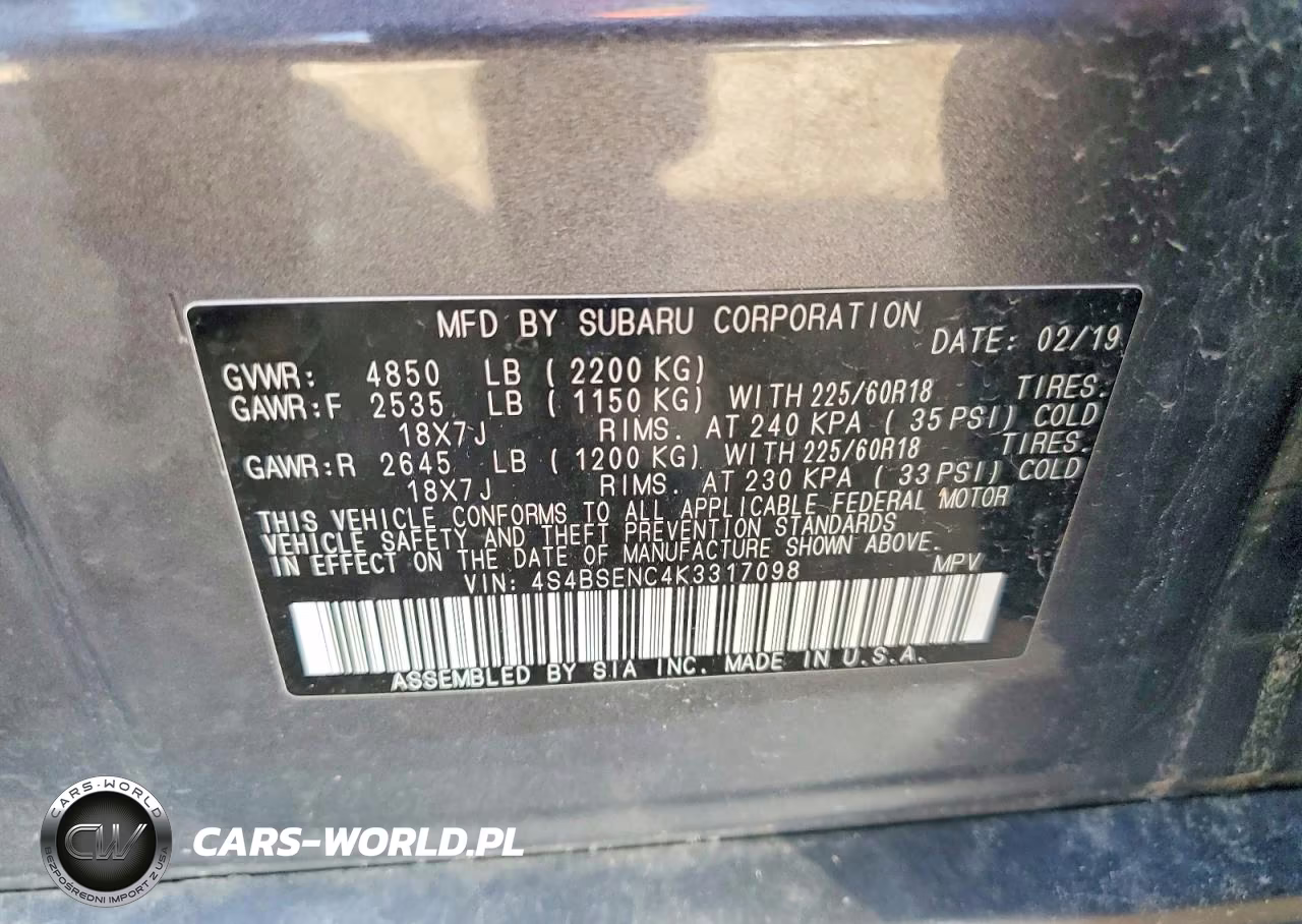 2019 Subaru Outback 3.6R Limited VIN:4S4BSENC4K3317098 - 12