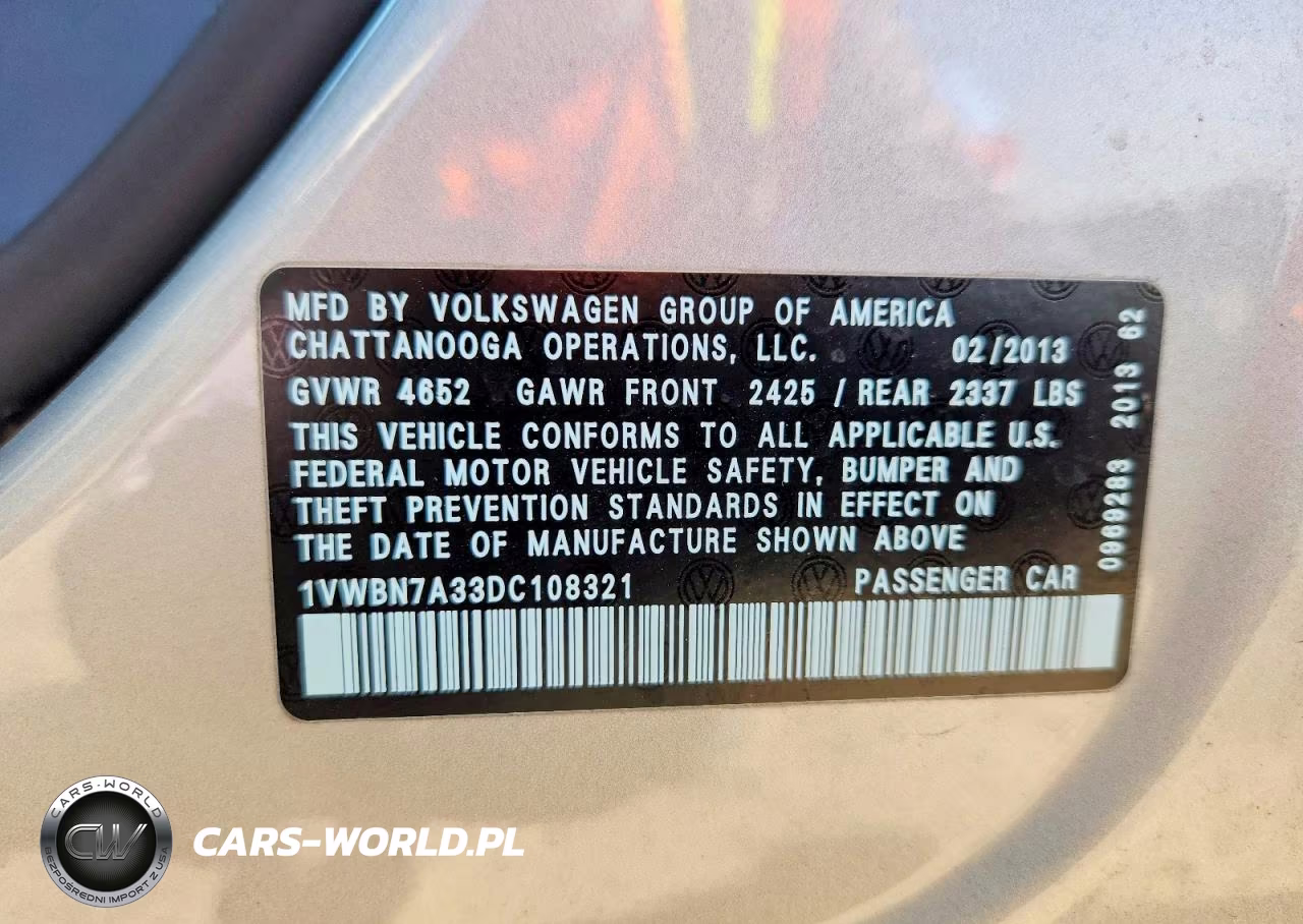 2013 Volkswagen Passat Se VIN:1VWBN7A33DC108321 - 12